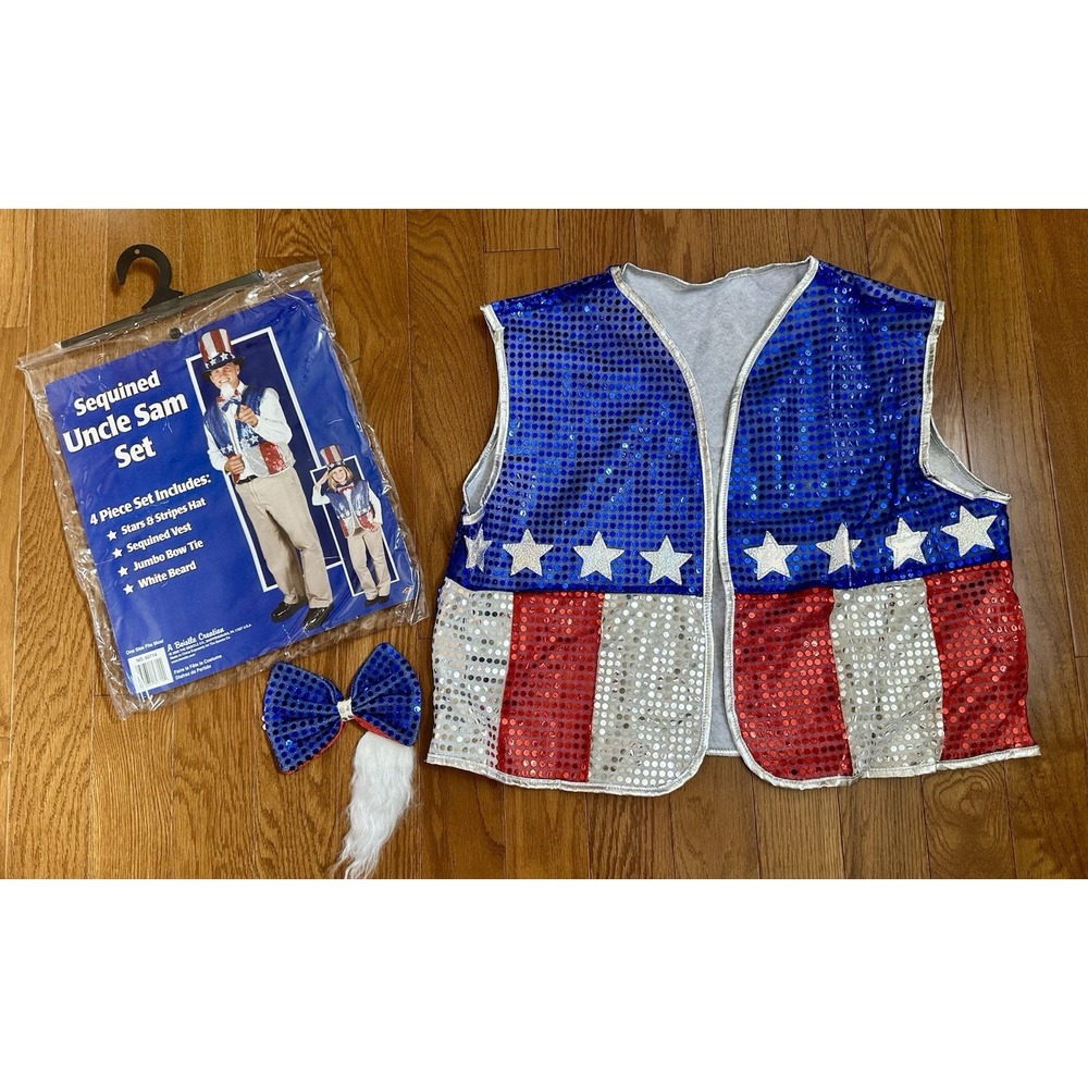 Men's Sequined Uncle Sam Costume Independence Day Hat Vest Bow tie Beard NEW